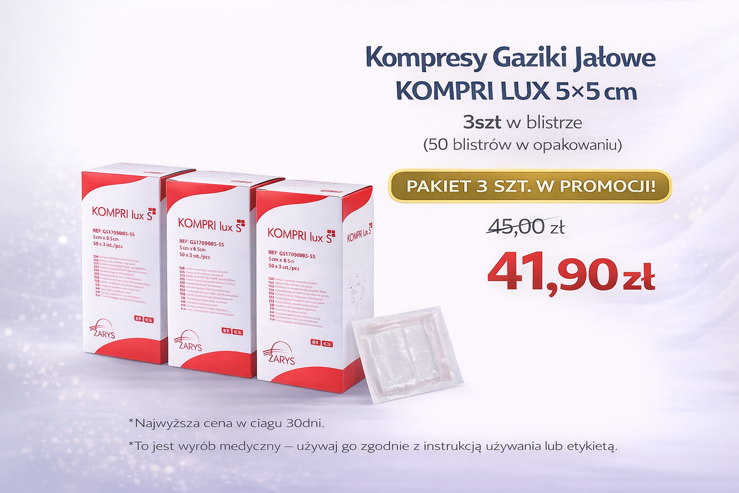 Pakiet 3 opakowań Kompresy Gaziki Jałowe KOMPRI LUX 5 x 5cm 3szt w blistrze (50blistrów)