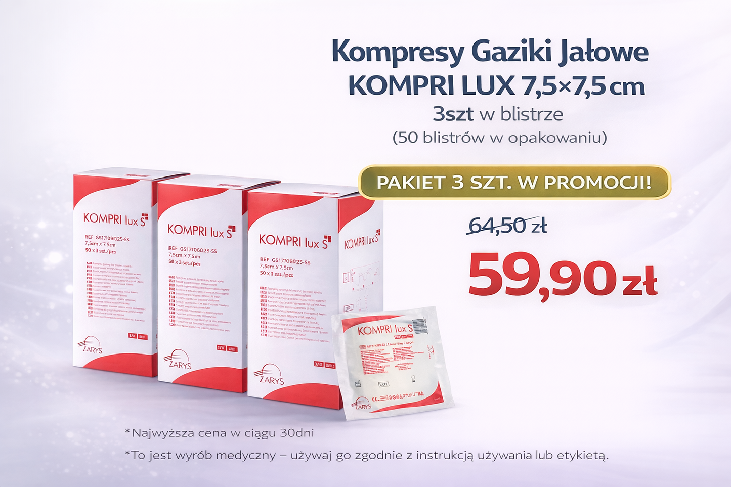 Pakiet 3 opakowań Kompresy Gaziki Jałowe KOMPRI LUX S 7,5x7,5cm 3szt w blistrze (50blistrów)