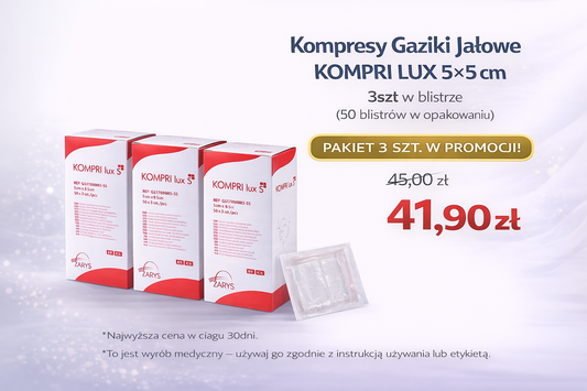 Pakiet 3 opakowań Kompresy Gaziki Jałowe KOMPRI LUX  5 x 5cm 3szt w blistrze (50blistrów)