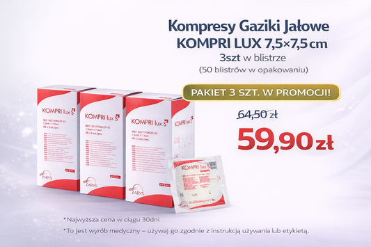 Pakiet 3 opakowań Kompresy Gaziki Jałowe KOMPRI LUX S 7,5x7,5cm 3szt w blistrze (50blistrów)